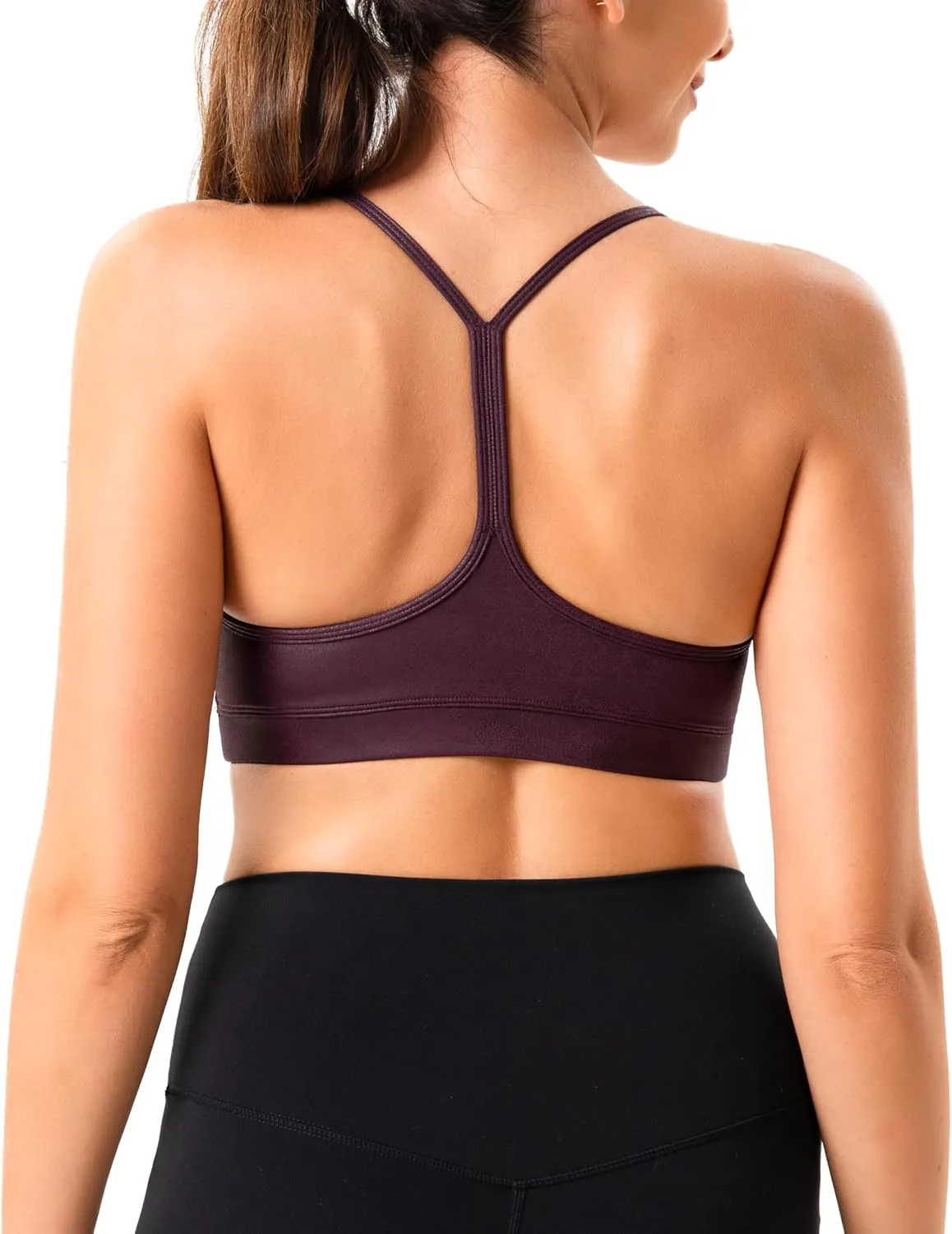 YUNOGA Women's Y Back Matte Faux Leather Sports Bras Padded Racerback Spaghetti Thin Strap Support Workout Yoga Bra