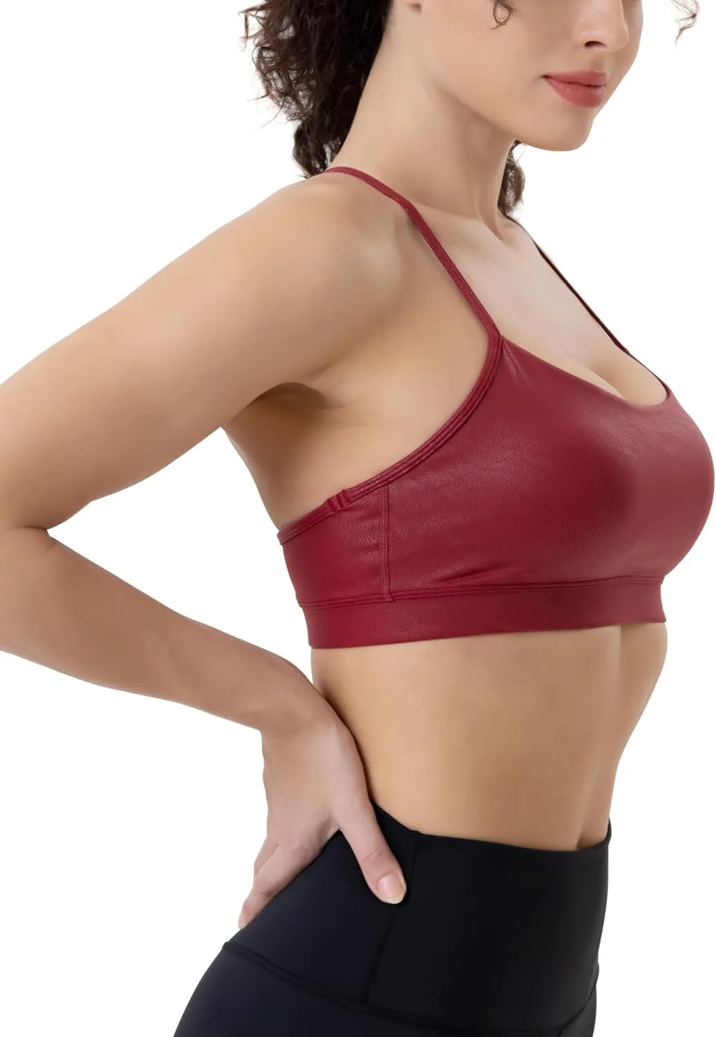 YUNOGA Women's Y Back Matte Faux Leather Sports Bras Padded Racerback Spaghetti Thin Strap Support Workout Yoga Bra
