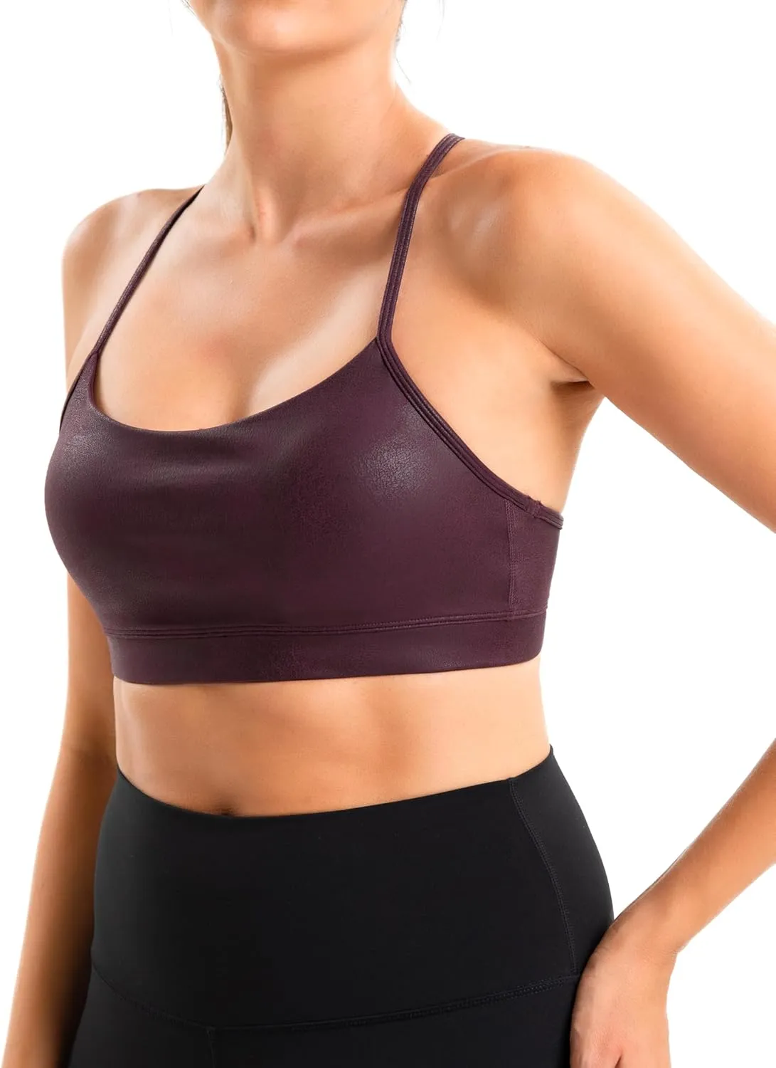 YUNOGA Women's Y Back Matte Faux Leather Sports Bras Padded Racerback Spaghetti Thin Strap Support Workout Yoga Bra