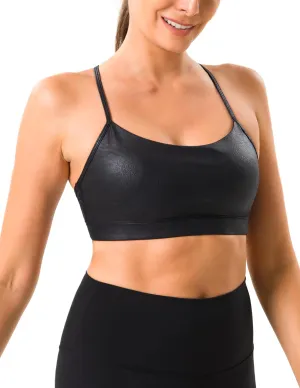 YUNOGA Women's Y Back Matte Faux Leather Sports Bras Padded Racerback Spaghetti Thin Strap Support Workout Yoga Bra