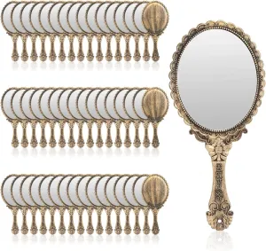 YUSONG 48 Pcs Vanity Handheld Mirror for Makeup - Vintage Princess Mirror for Women Brass Gold Embossed Flower Small Mirrors Tabletop Party Classroom