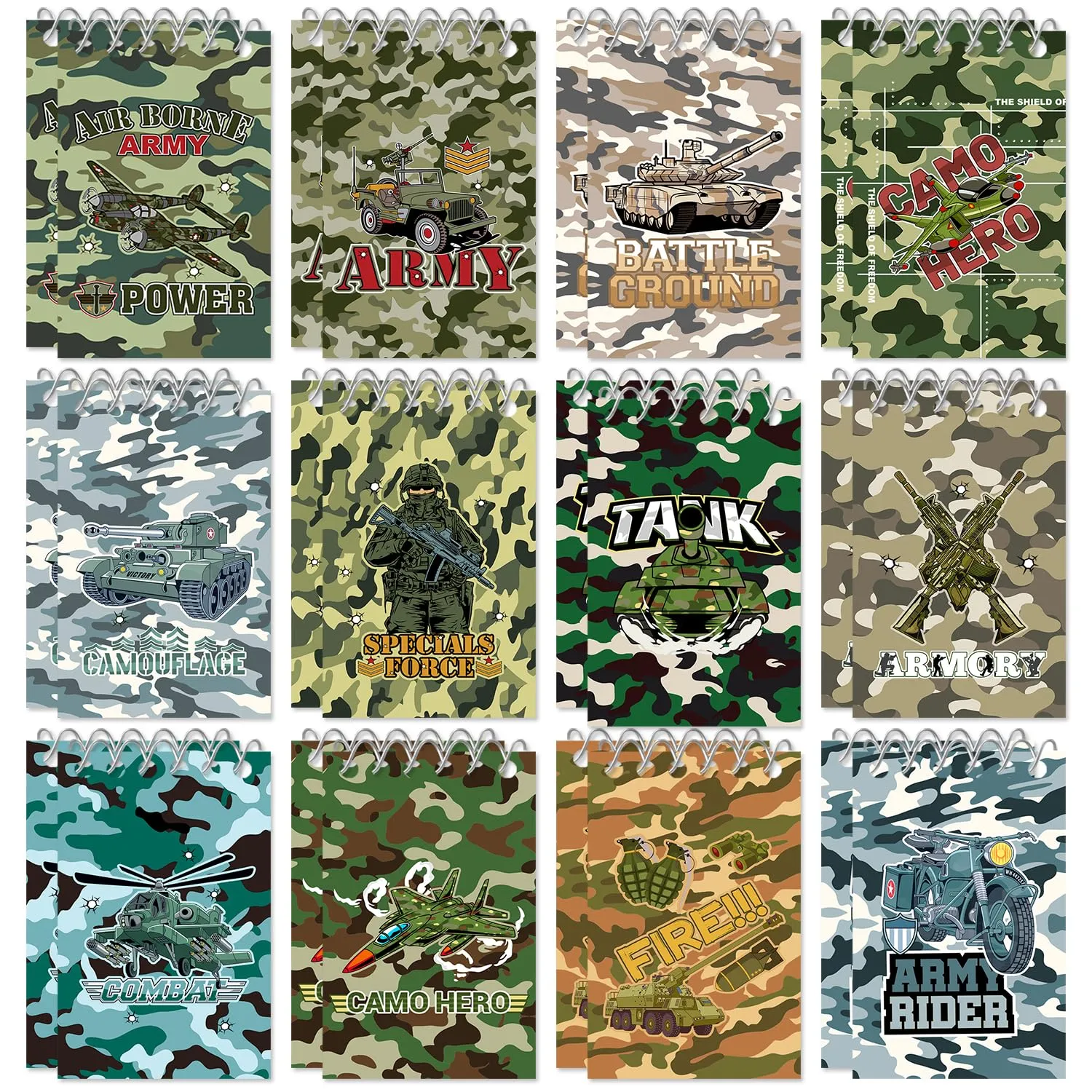YYMYMGJ 24 Packs Military Camo Mini Spiral Notebooks, Camouflage Army Pocket Notepads Journal Memo Pads for Birthday Party Favors Gifts Goodie Bag Office School Classroom Rewards Unknown Binding