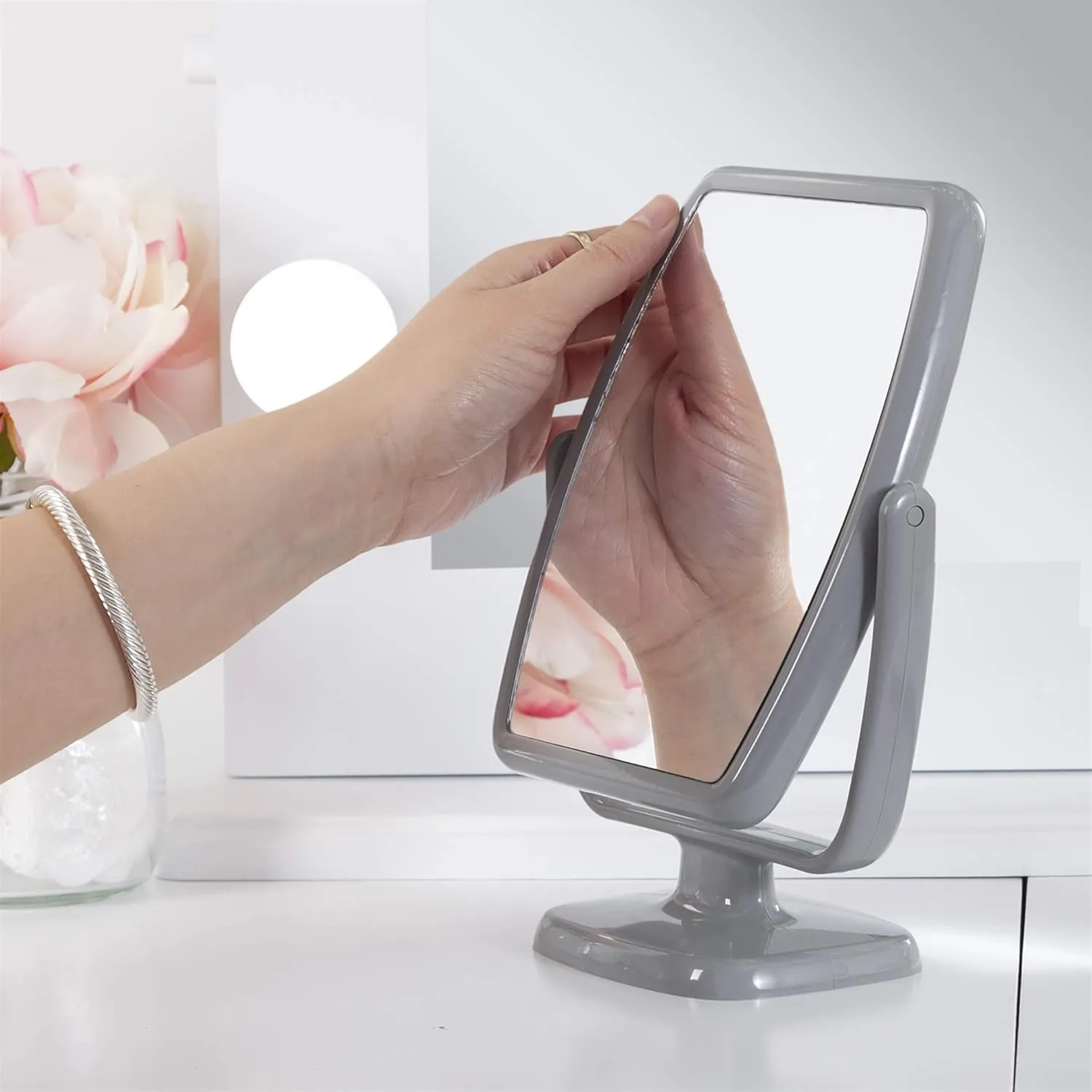 Zadro GEO Vanity Mirror, Two Side Geometric Shaped Optical Glass Beauty Mirrors, 5x & 1x Magnification, Modern Style Counter Top Acrylic Base Frame (5X/1X, Gray)
