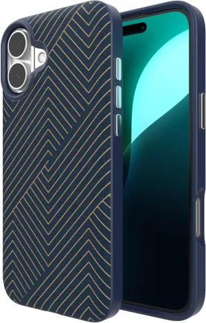 ZAGG London Snap Case for iPhone 16 Plus - Stylish Geometric Fabric Design, MagSafe Compatible, 13ft Drop Protection, Graphene Reinforced, Navy Blue with Gold