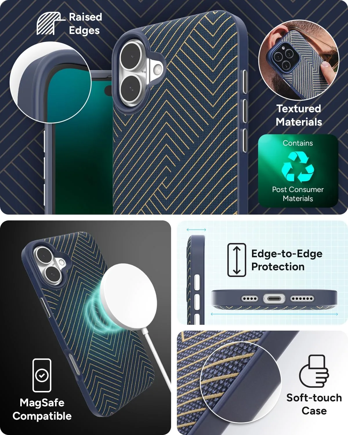 ZAGG London Snap Case for iPhone 16 Plus - Stylish Geometric Fabric Design, MagSafe Compatible, 13ft Drop Protection, Graphene Reinforced, Navy Blue with Gold