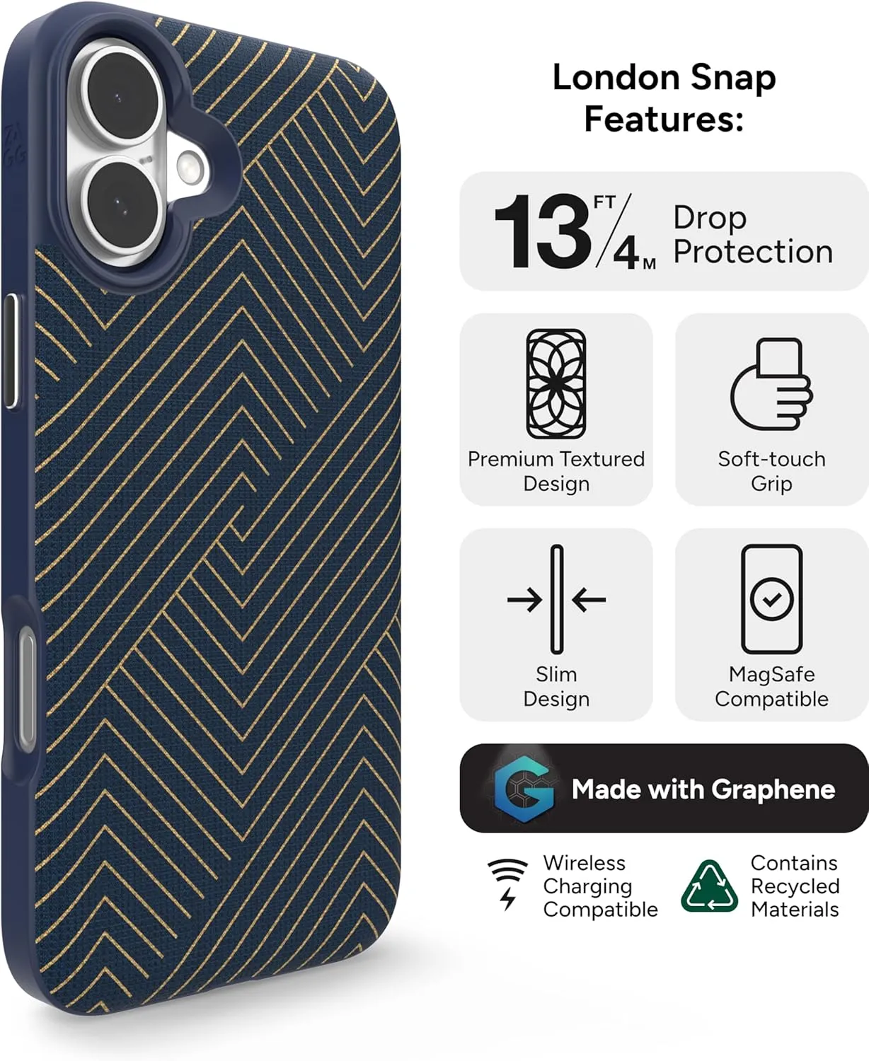 ZAGG London Snap Case for iPhone 16 Plus - Stylish Geometric Fabric Design, MagSafe Compatible, 13ft Drop Protection, Graphene Reinforced, Navy Blue with Gold