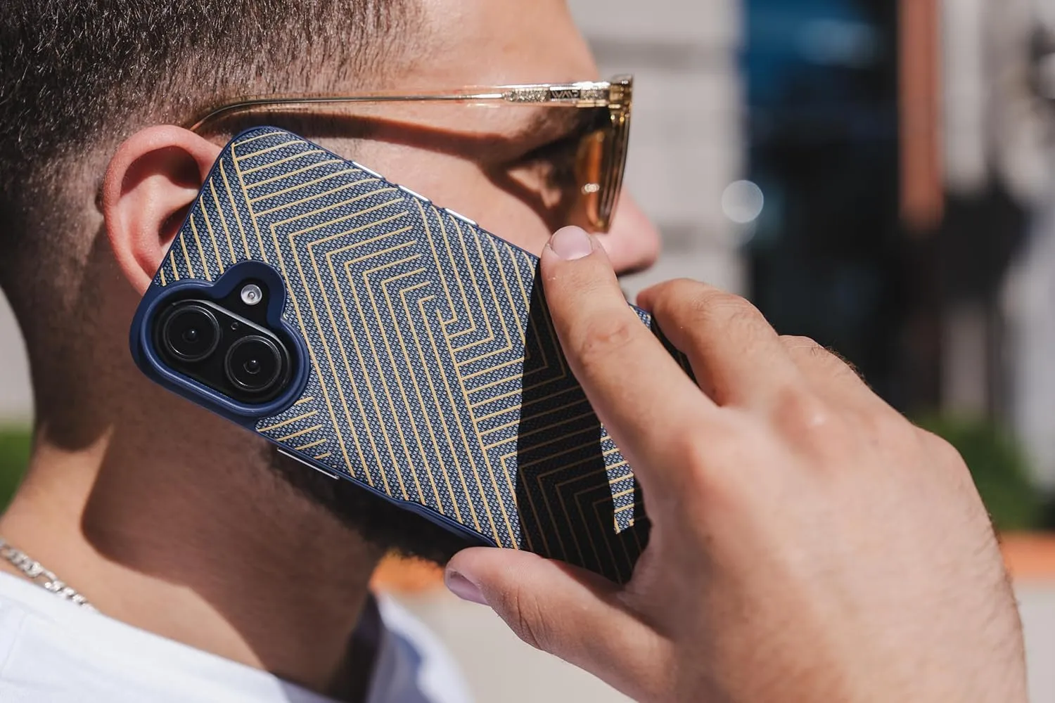 ZAGG London Snap Case for iPhone 16 Plus - Stylish Geometric Fabric Design, MagSafe Compatible, 13ft Drop Protection, Graphene Reinforced, Navy Blue with Gold