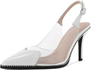 Zamikoo Women Sling Back Heels Pointed Toe Slip On Beaded Clear Transparent Heart Pattern High Heel Stilettos