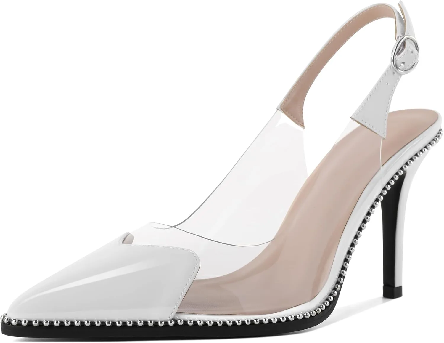 Zamikoo Women Sling Back Heels Pointed Toe Slip On Beaded Clear Transparent Heart Pattern High Heel Stilettos
