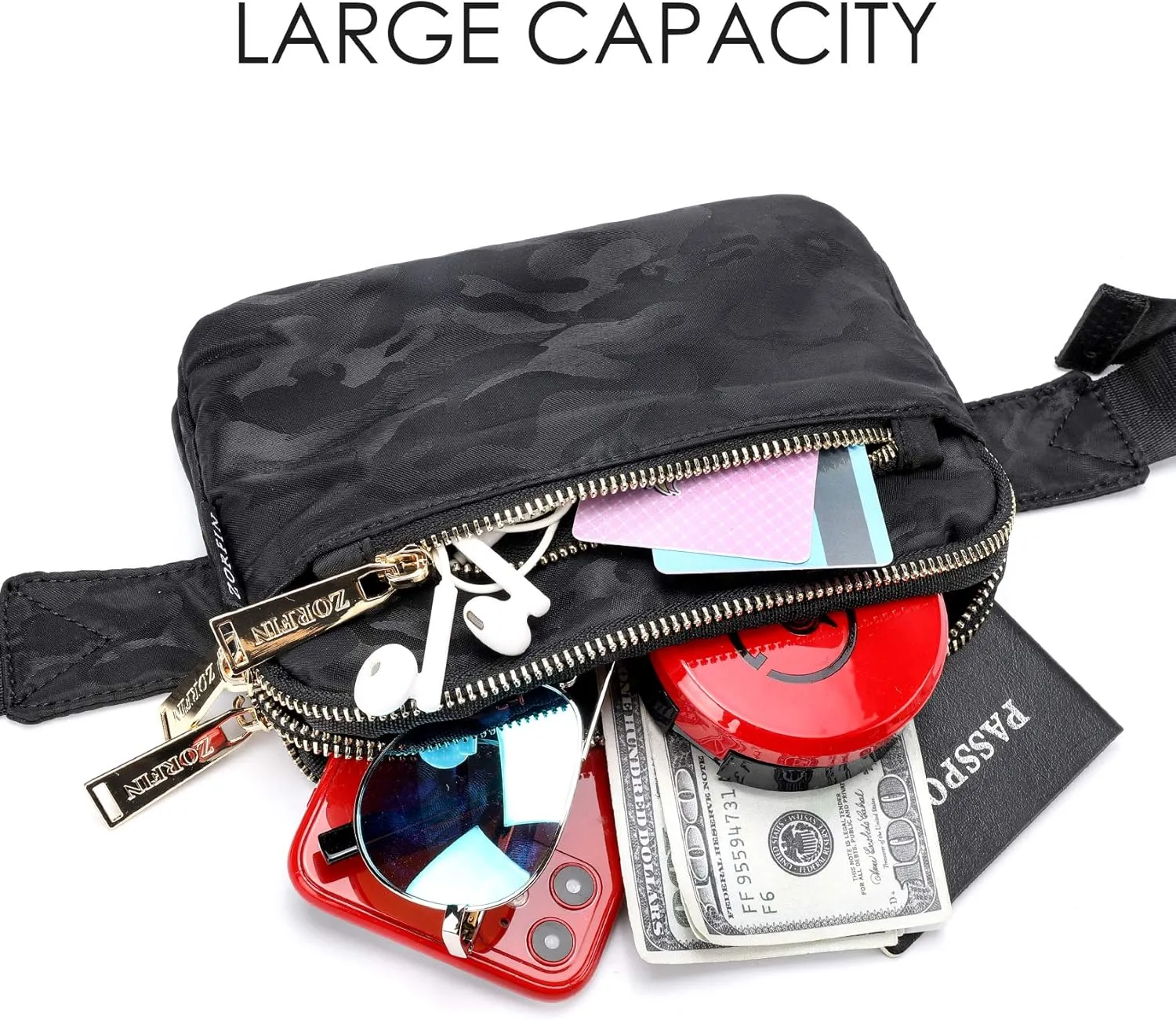 ZORFIN Fanny Packs for Women Men: Crossbody Belt Bag with Adjustable Strap - Fashion Waist Packs for Workout Running Traveling Hiking Camo Black