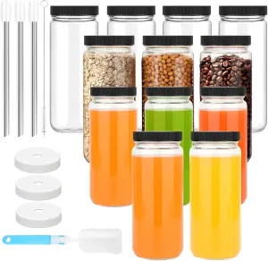 Zukro Glass Juice Bottles with Lids, 16 oz Wide Mouth Juicing Bottle Reusable Glass, Clear Smoothie Cups with Straw, Airtight Lid, Leak Proof Drinking Mason Jar For Water, Bubble Tea, Dishwasher Safe
