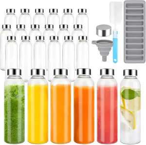 Zukro Glass Juice Bottles with Lids for Juicing 18 oz, Reusable Clear Glass Water Bottles with Stainless Steel Airtight Cap for Refrigerator, 100% Leak Proof, BPA Free, Set of 24