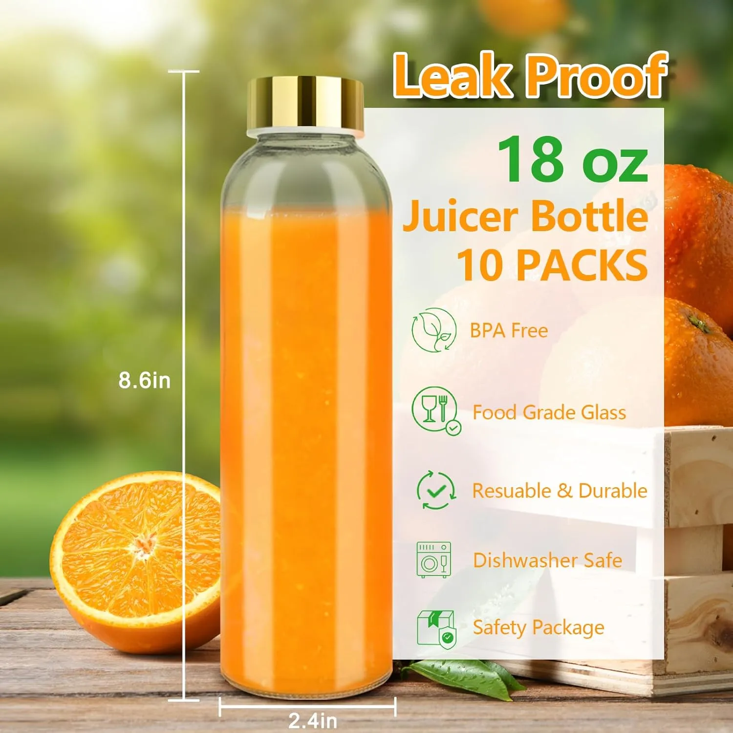 Zukro Glass Water Bottles with Gold Lids 18 oz, Reusable Clear Glass Juice Bottles Stainless Steel Airtight Cap for Juicing, 100% Leak Proof Juice Drinking Jar for Refrigerator, BPA Free, Set of 10