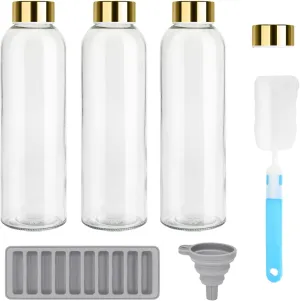 Zukro Glass Water Bottles with Gold Lids 18 oz, Reusable Clear Glass Juice Bottles Stainless Steel Airtight Cap for Juicing, 100% Leak Proof Juice Drinking Jar for Refrigerator, BPA Free, Set of 3